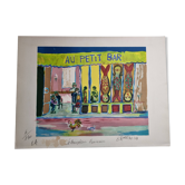 Lithograph, at the little bar, Beaujolais Nouveau, artist's proof, numbered signed, 76 x 55 cm