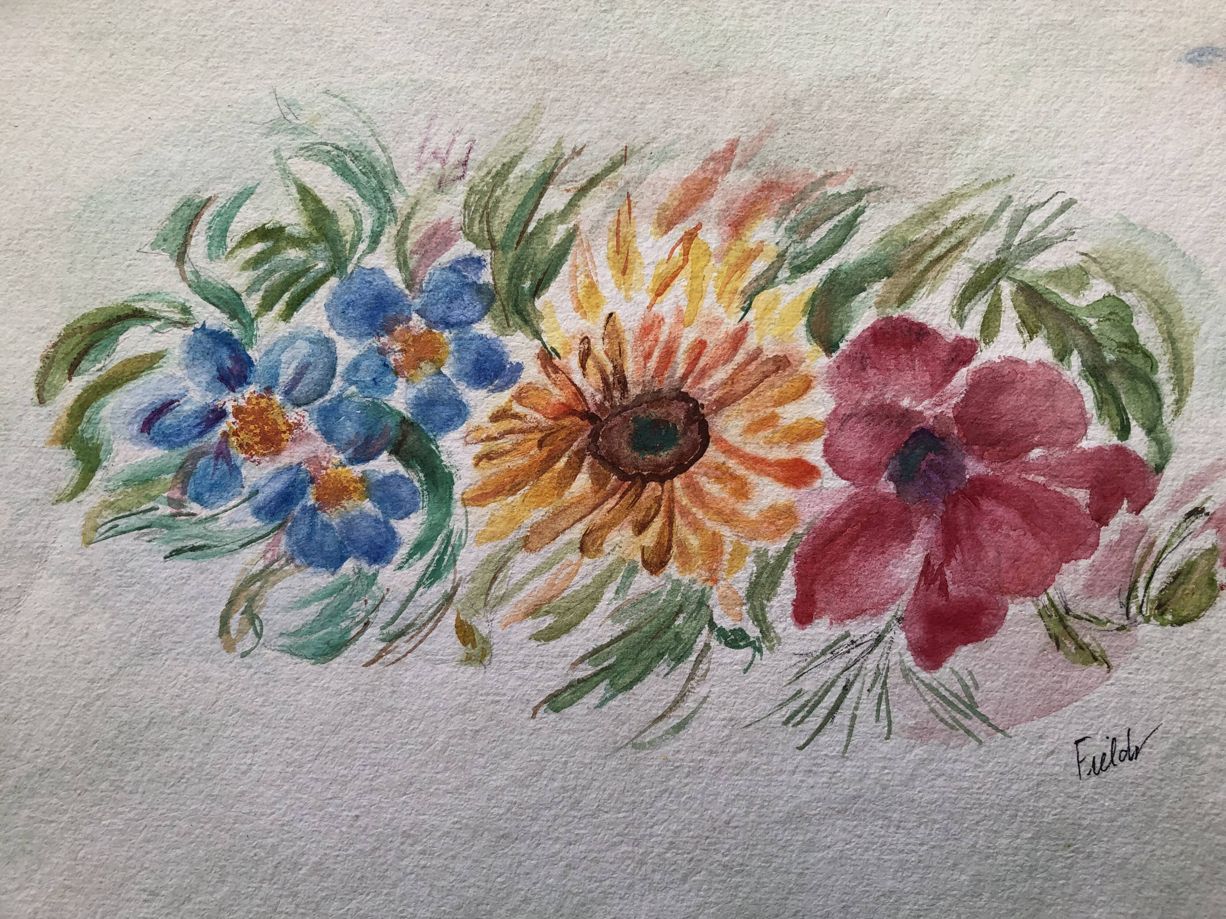 Watercolor flowers painting on paper, signed fields, undated, unframed, blue orange red naif