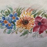Peinture aquarelle fleurs sur papier, signé fields, non daté, sans cadre, bleu orange rouge naif