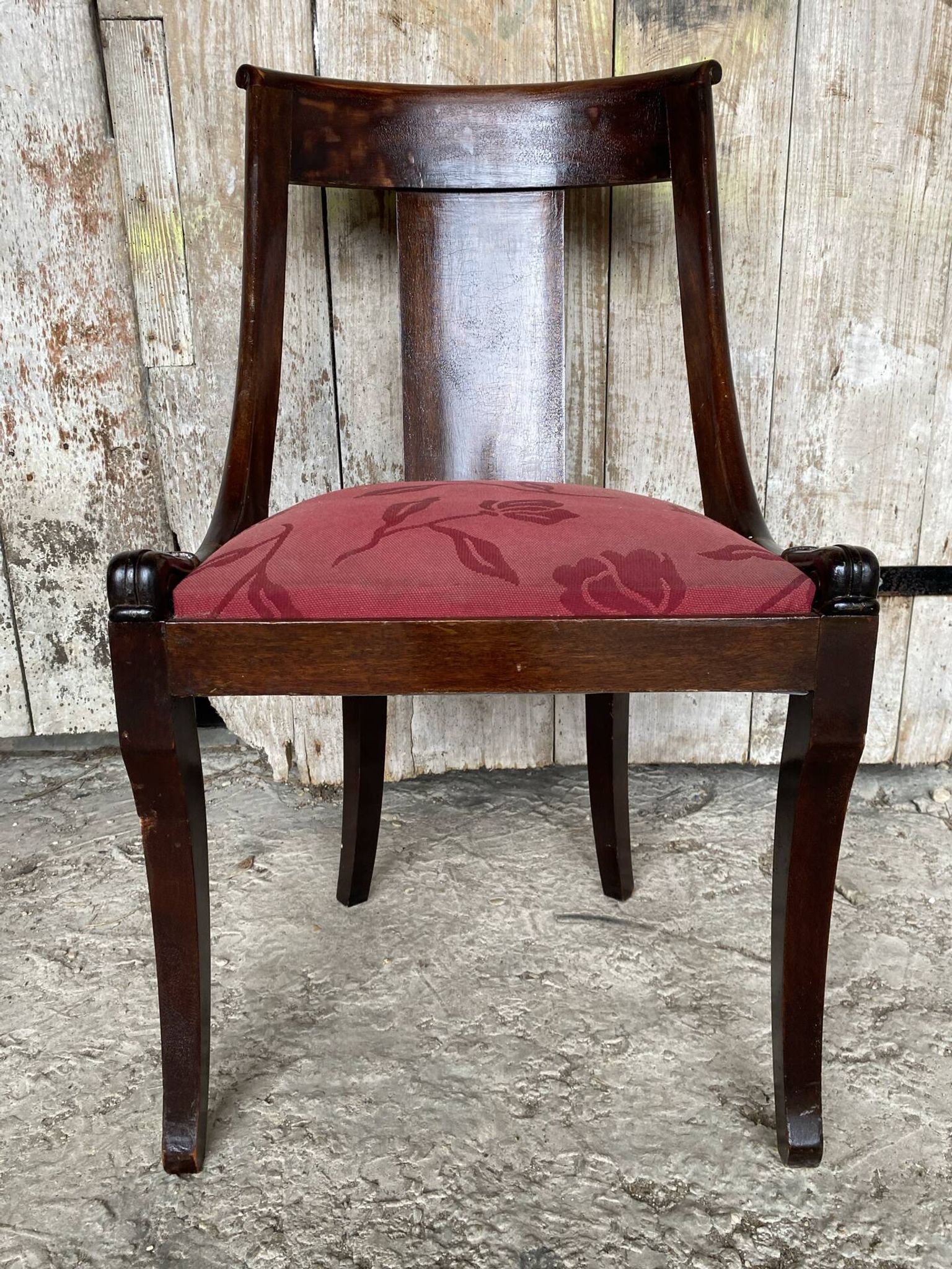 Antique Gondola Chair Empire Style Wood + Red Floral Vintage Fabric