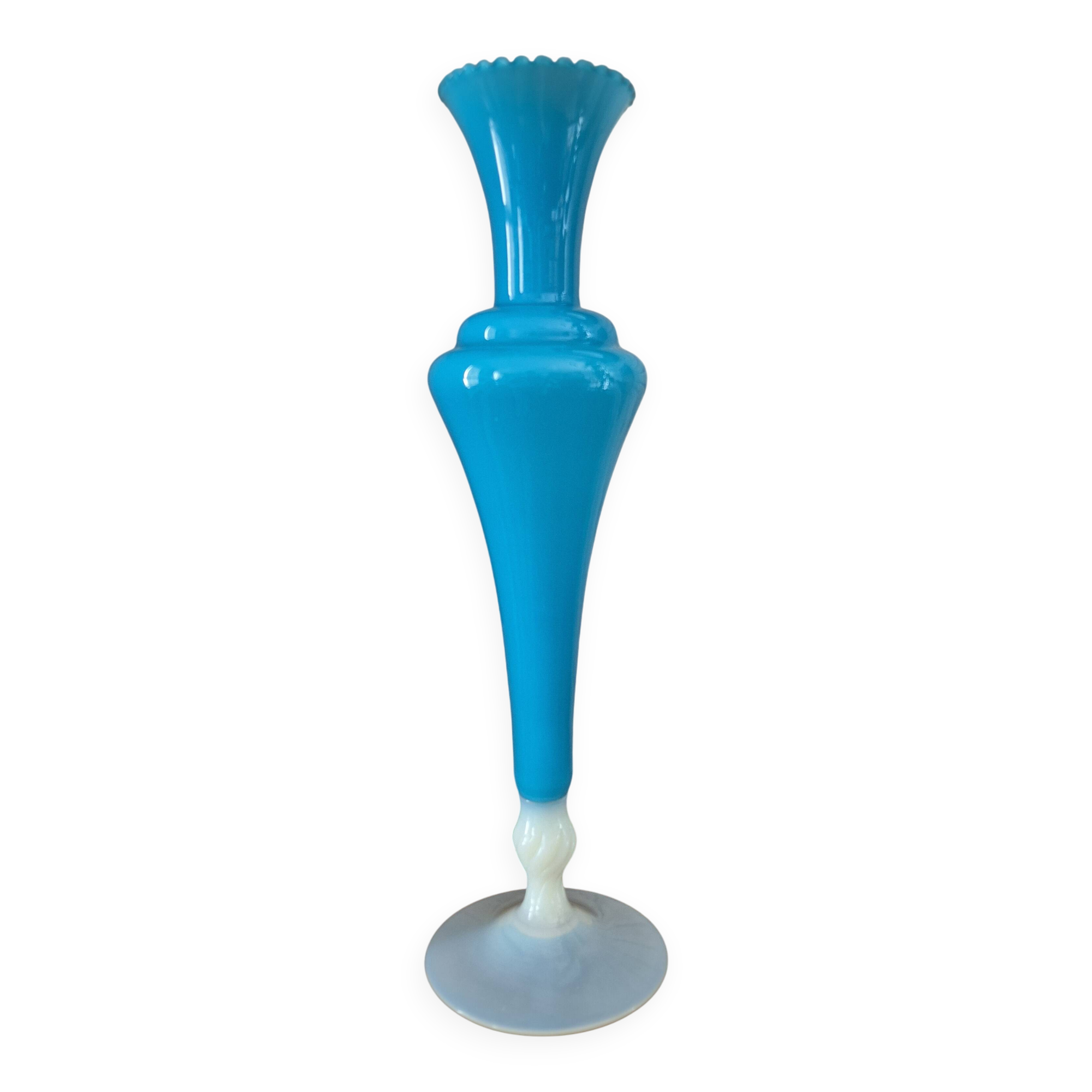 Large vintage blue and white opaline vase