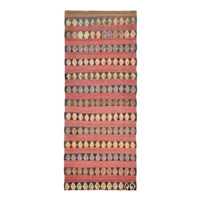 1970s Vintage Turkish Oushak Handmade Wool Cotton Red Runner Rug 140x353