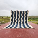 Large striped Berber rug 274x208 cm – Cream & blue wool – Graphic pattern