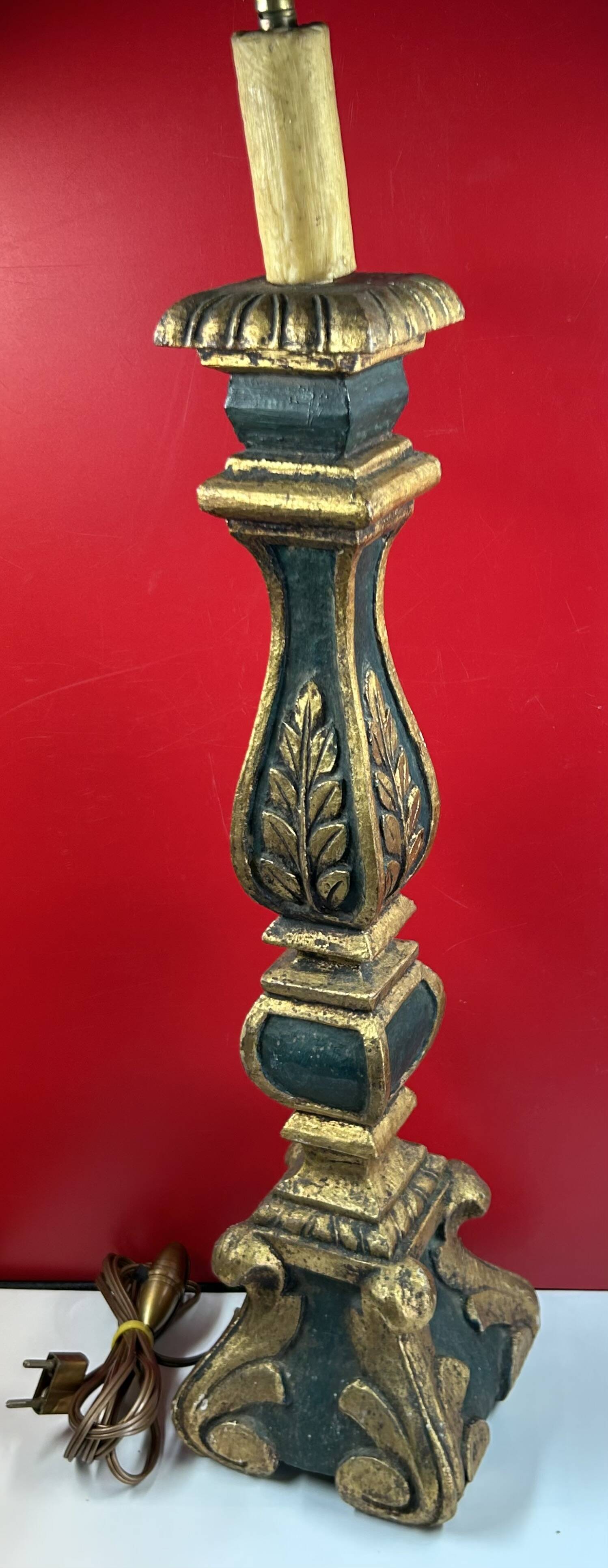 Large antique green and gold wooden lamp base, 66 cm high from the socket.