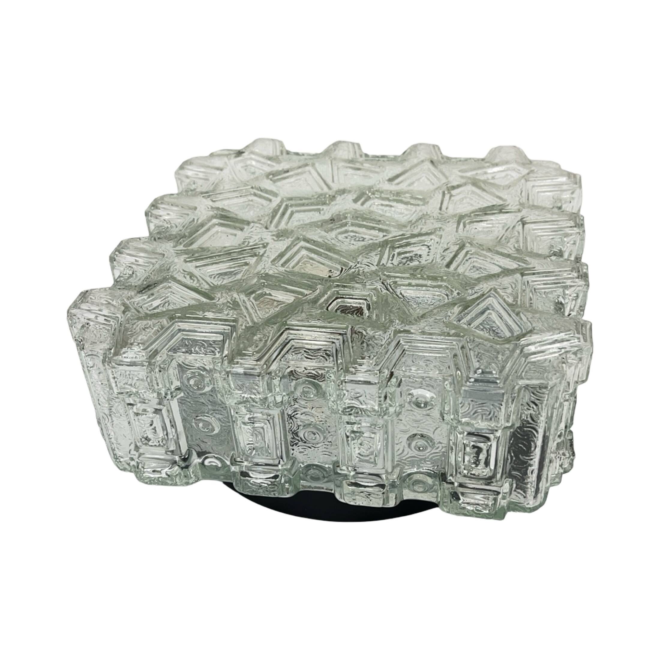 1970s square Hillebrand ceiling light made of thick pressed glass.