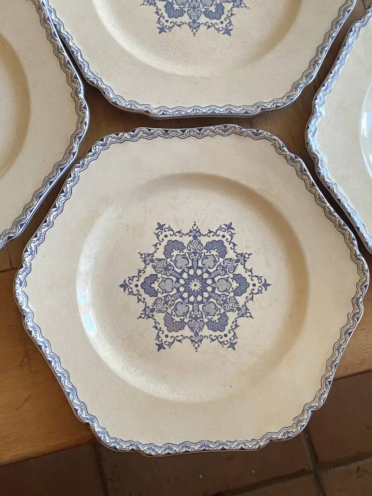 Set of 10 antique 6-sided flat plates – late 19th century earthenware, oriental light blue decor