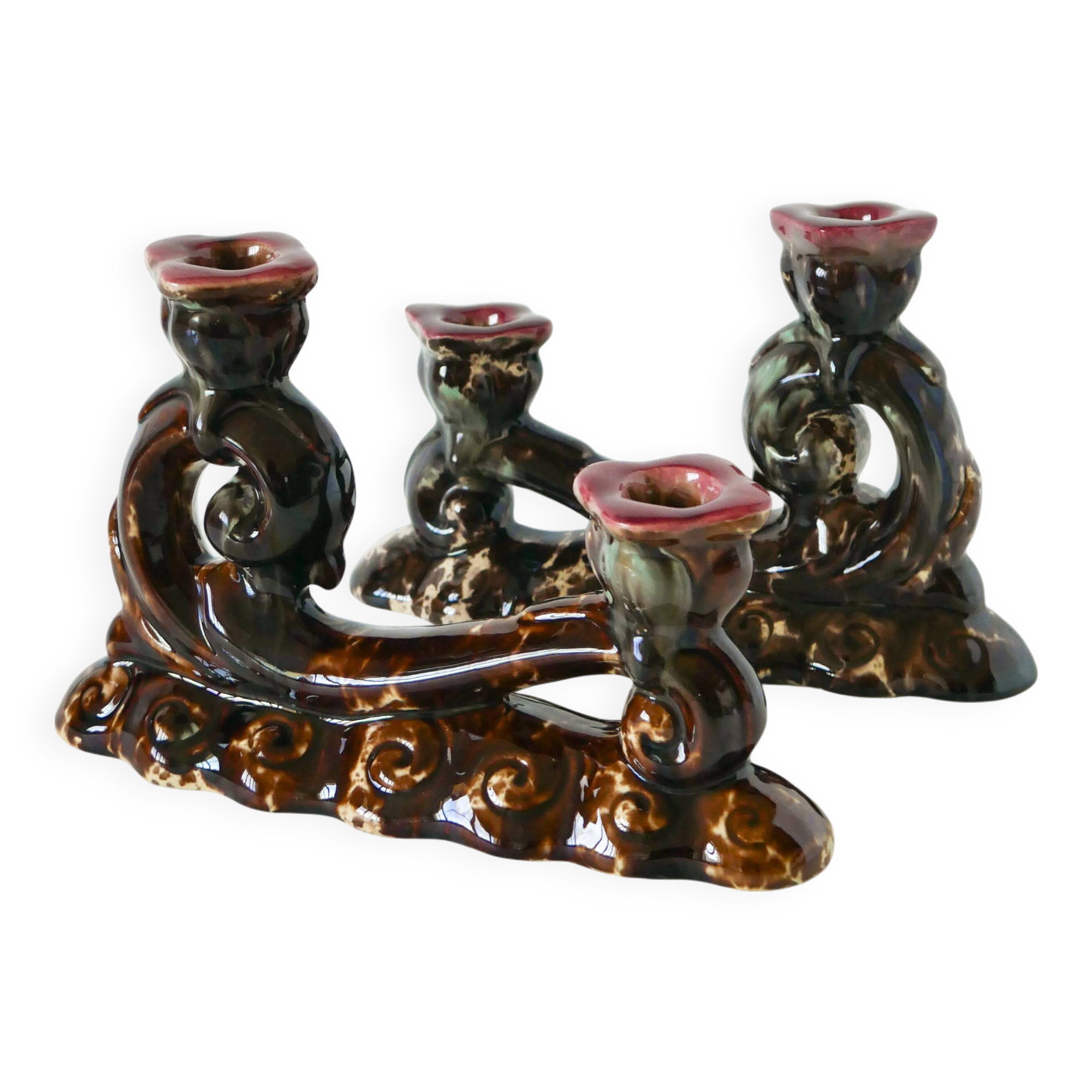 pair of double ceramic candlesticks, Brown & Pink, 1970