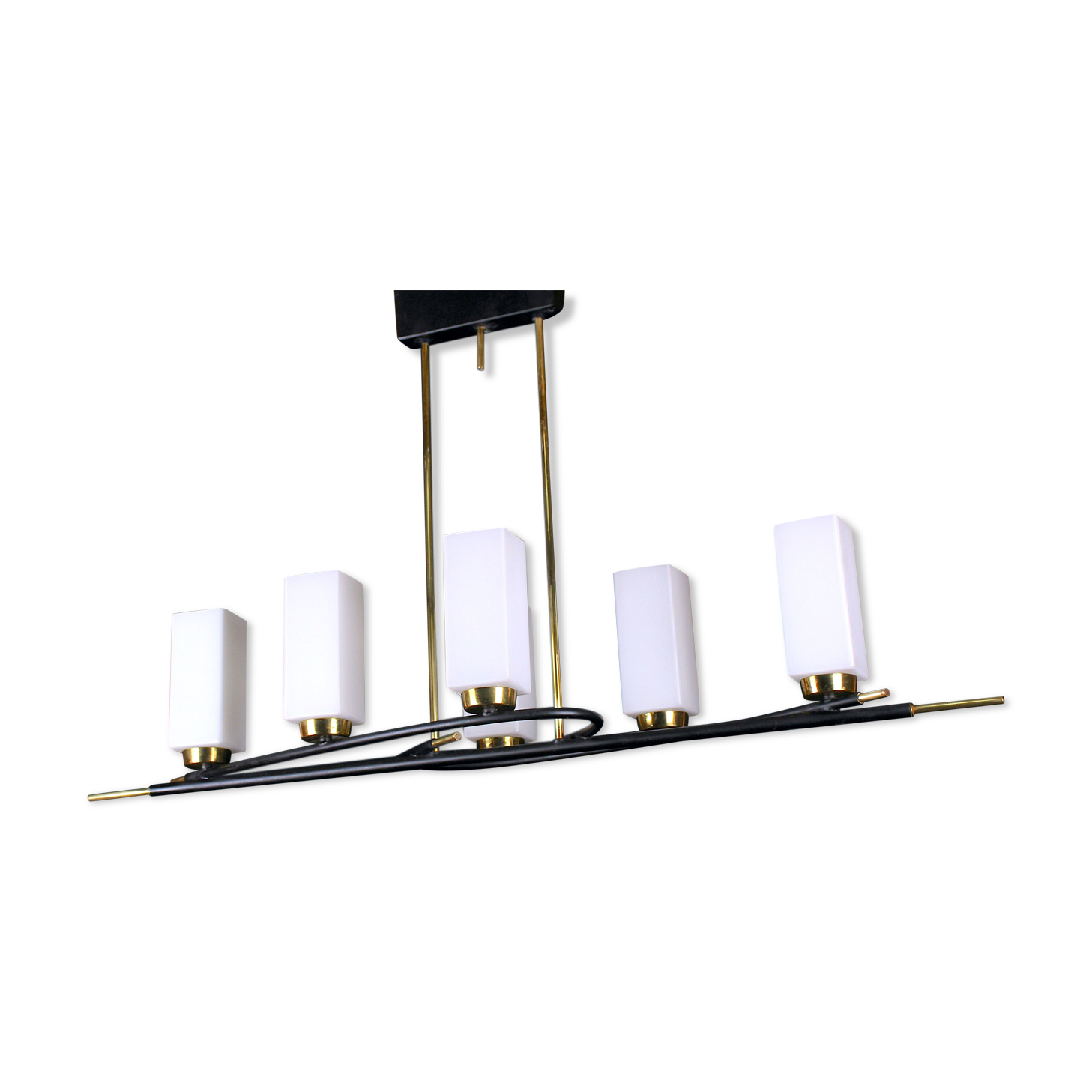 Chandelier of Maison Arlus, in black and gold metal and six rectangular opalines