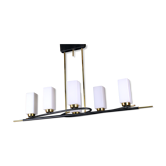 Chandelier of Maison Arlus, in black and gold metal and six rectangular opalines