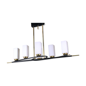 Chandelier of Maison Arlus, in black and gold metal and six rectangular opalines