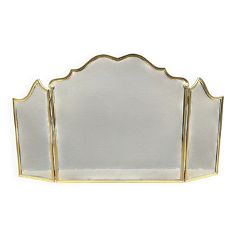 1970s golden metal fireplace screen, vintage spark guard.