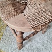Tripod stool "Bobbin" style, turned wood and straw.