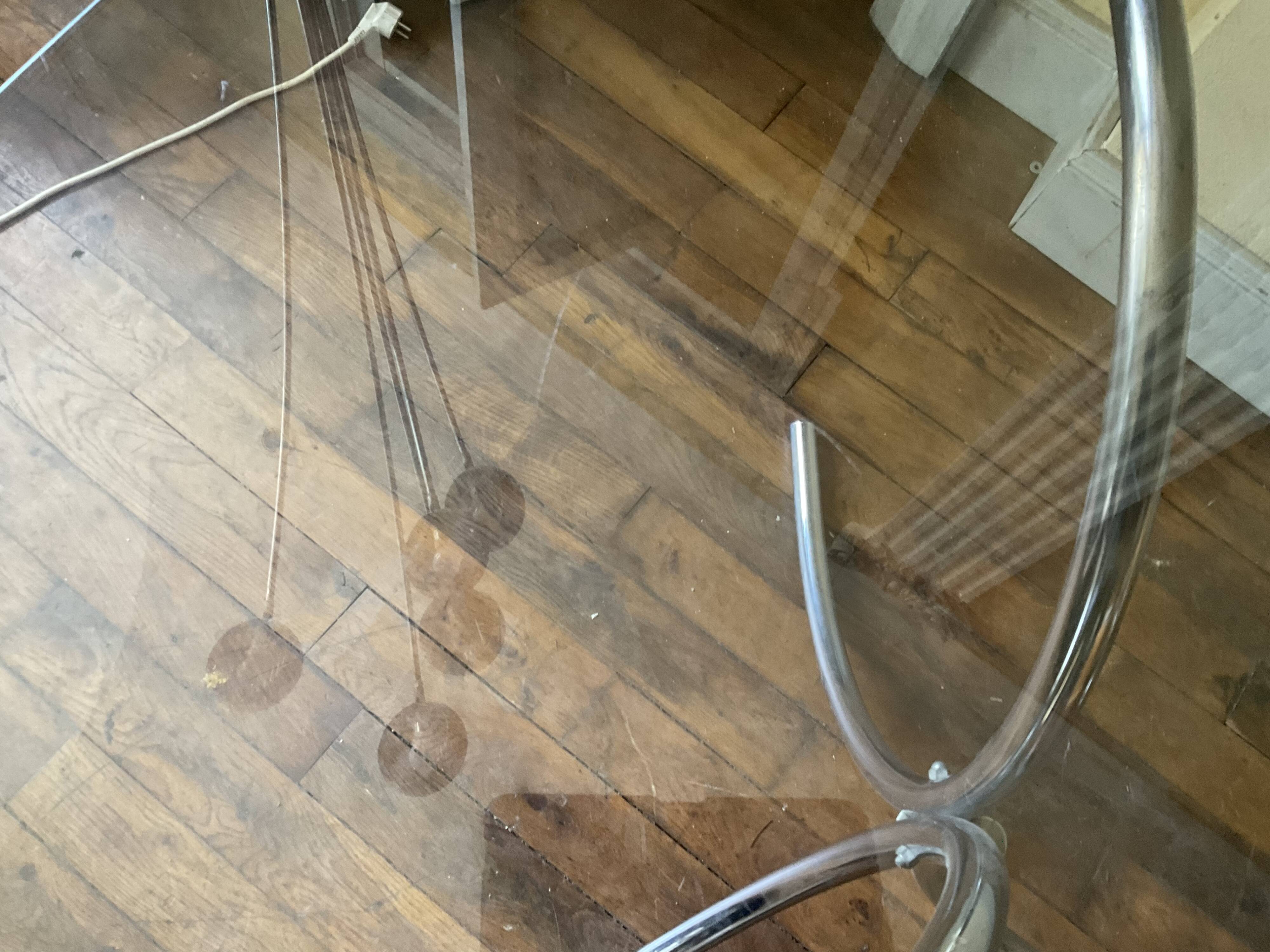 Living room table in smoked glass and vintage metal