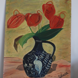 Oil on still life panel, vase with anthuriums