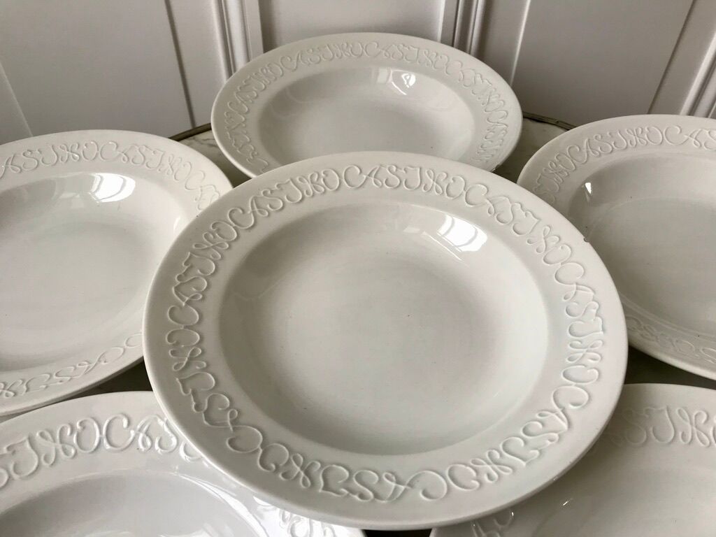 Set of 6 hollow plates Digoin Sarreguemines model Alphabet relief white 40s