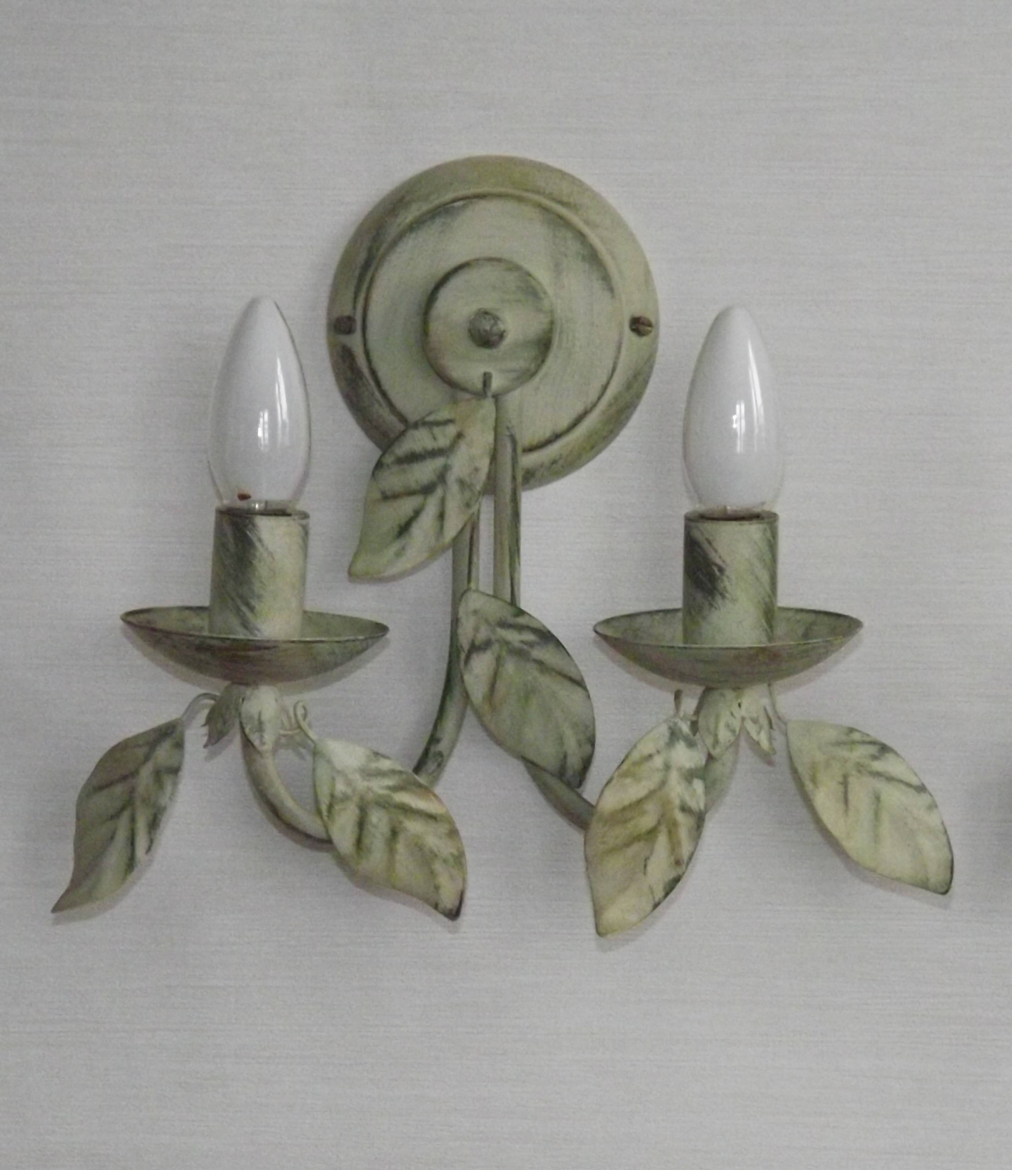 Pair of Vintage Italian Double Wall Lights Leaf Detail Green & Gold Finish