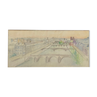 Tableau dessin vue de paris sur la seine et ses ponts