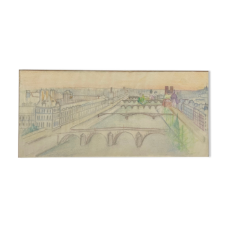 Drawing painting view of Paris on the Seine and its bridges