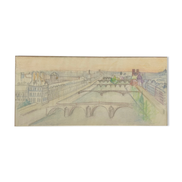 Tableau dessin vue de paris sur la seine et ses ponts