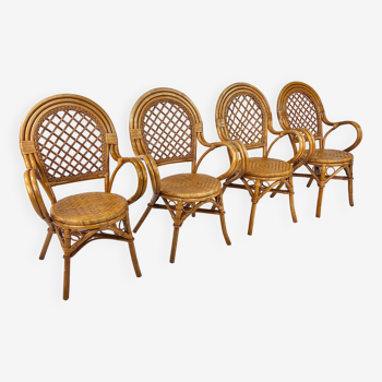 Ensemble de 4 chaises vintage en rotin et bambou, années 1970