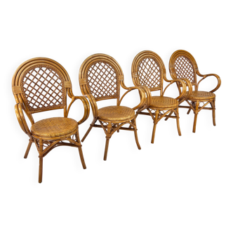 Ensemble de 4 chaises vintage en rotin et bambou, années 1970