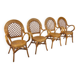 Set of 4 vintage rattan and bamboo chairs, 1970s