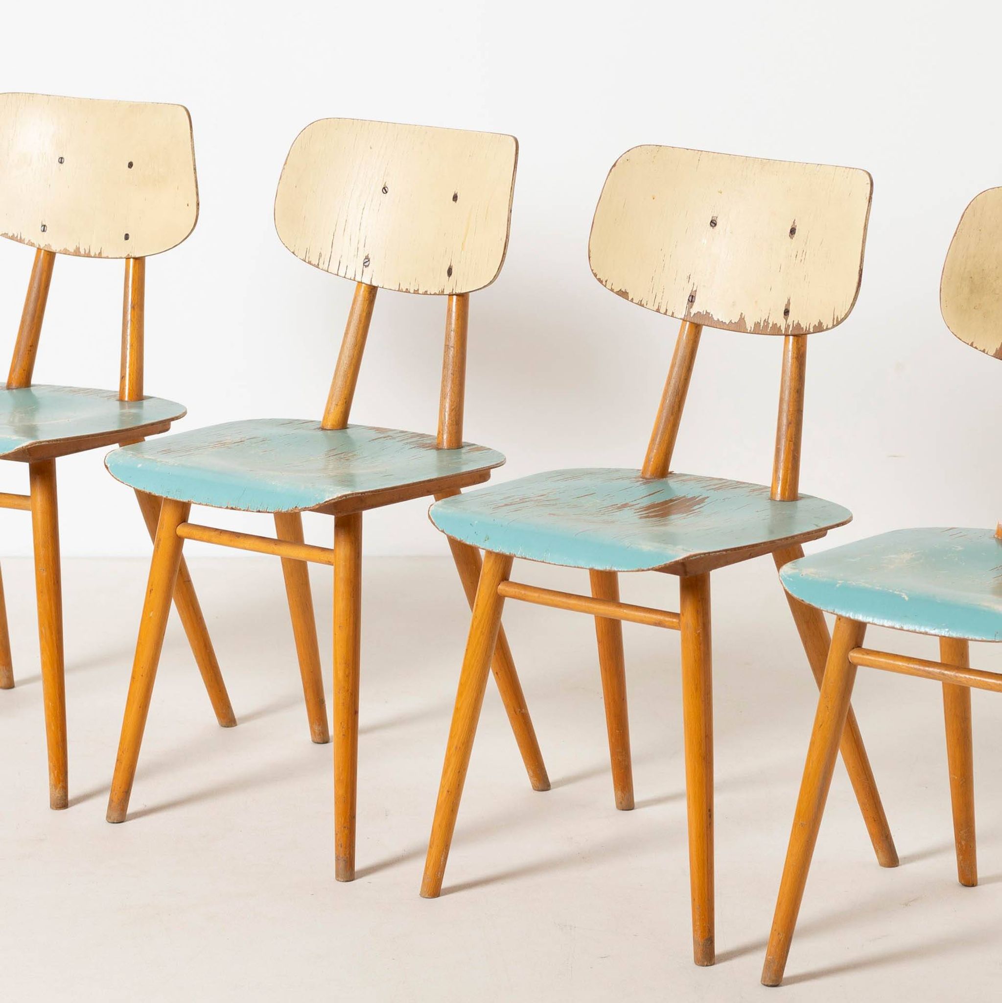 Set of 4 midcentury dining chairs from TON, blue painted plywood, 1960S