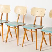 Set of 4 midcentury dining chairs from TON, blue painted plywood, 1960S
