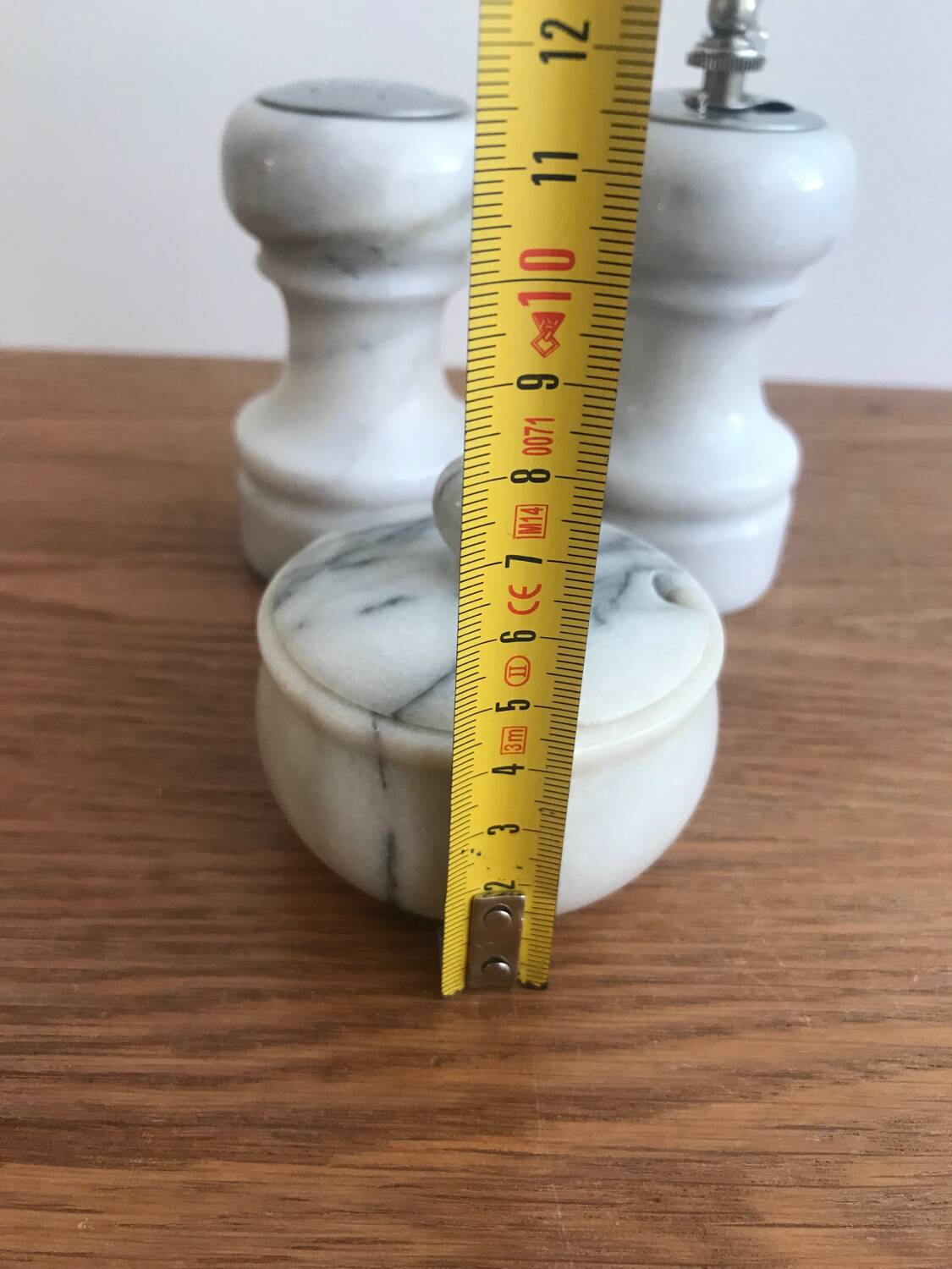 Vintage white marble salt/pepper/mustard shaker set