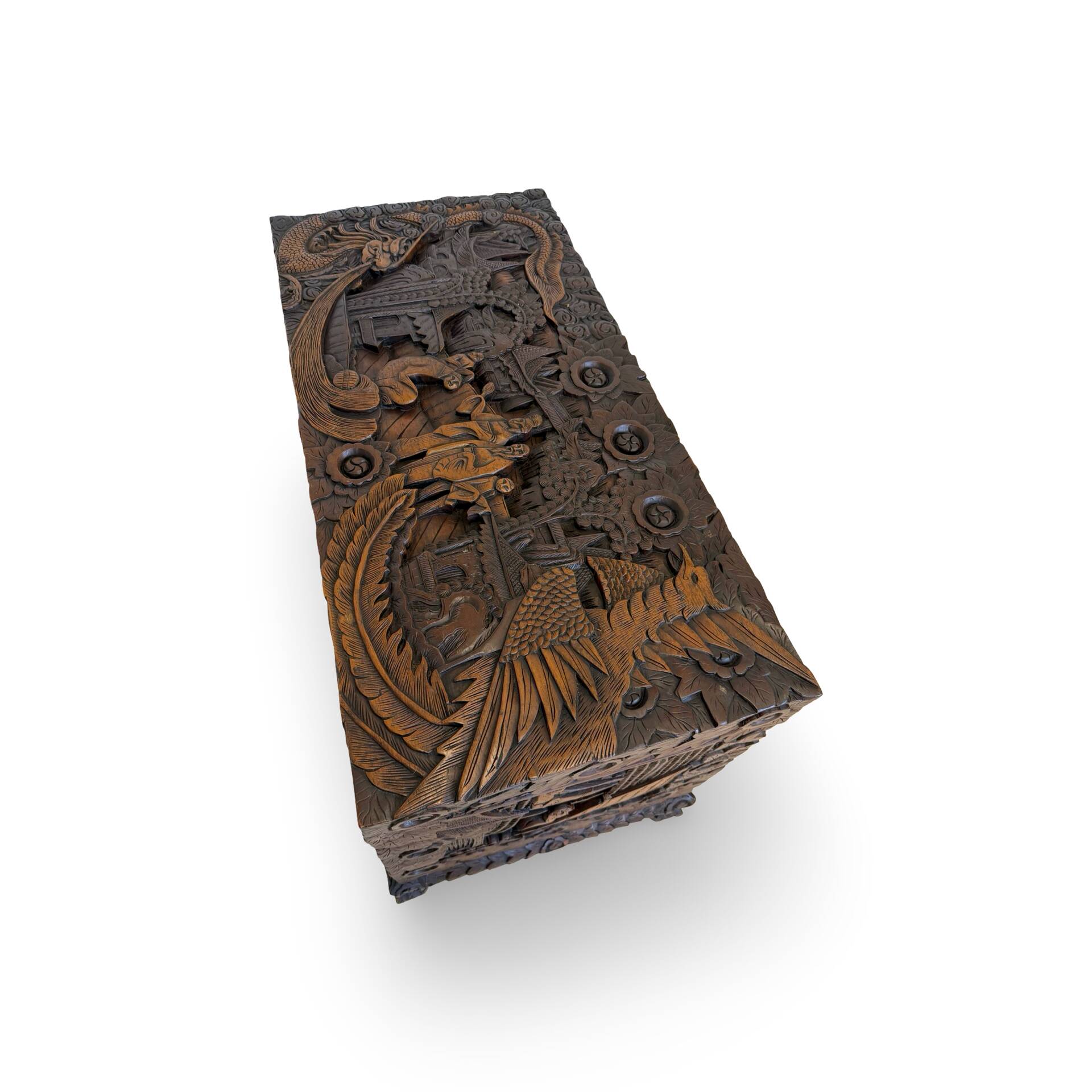 Antique Chinese Carved Export Chest – Dragon, Phoenix & Landscape Deco