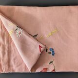 Antique hand-embroidered pink linen tablecloth, 170x130 cm – Unique piece