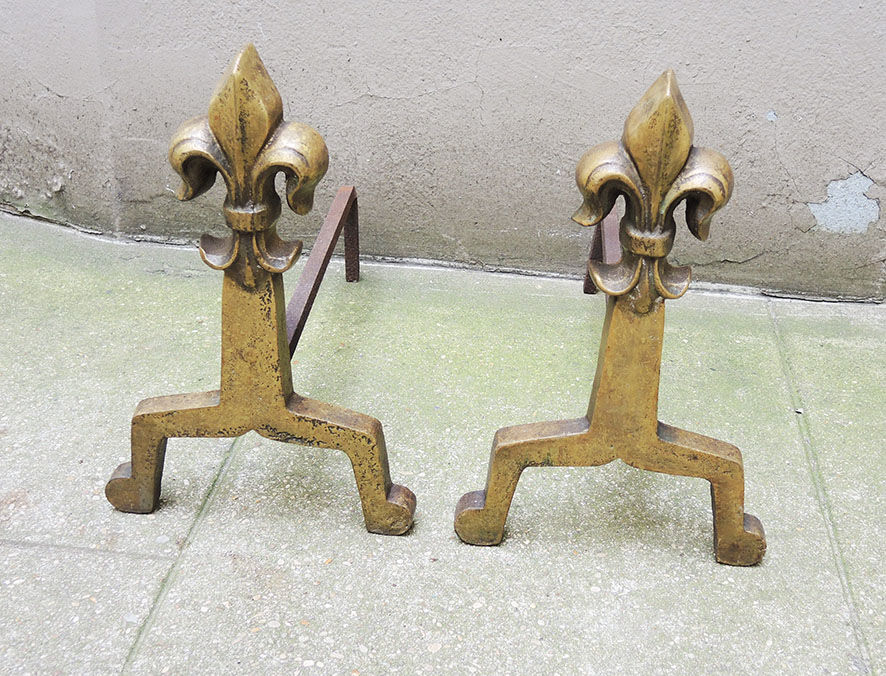 Old brass chenets & fleur de lys cast iron