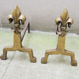 Old brass chenets & fleur de lys cast iron