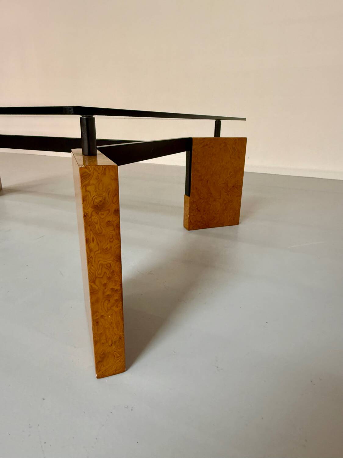 Old coffee table in glass and magnifying glass, French design Paul Michel, year 70