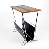 1970s modernist metal newspaper rack with a rosewood top, Sweden