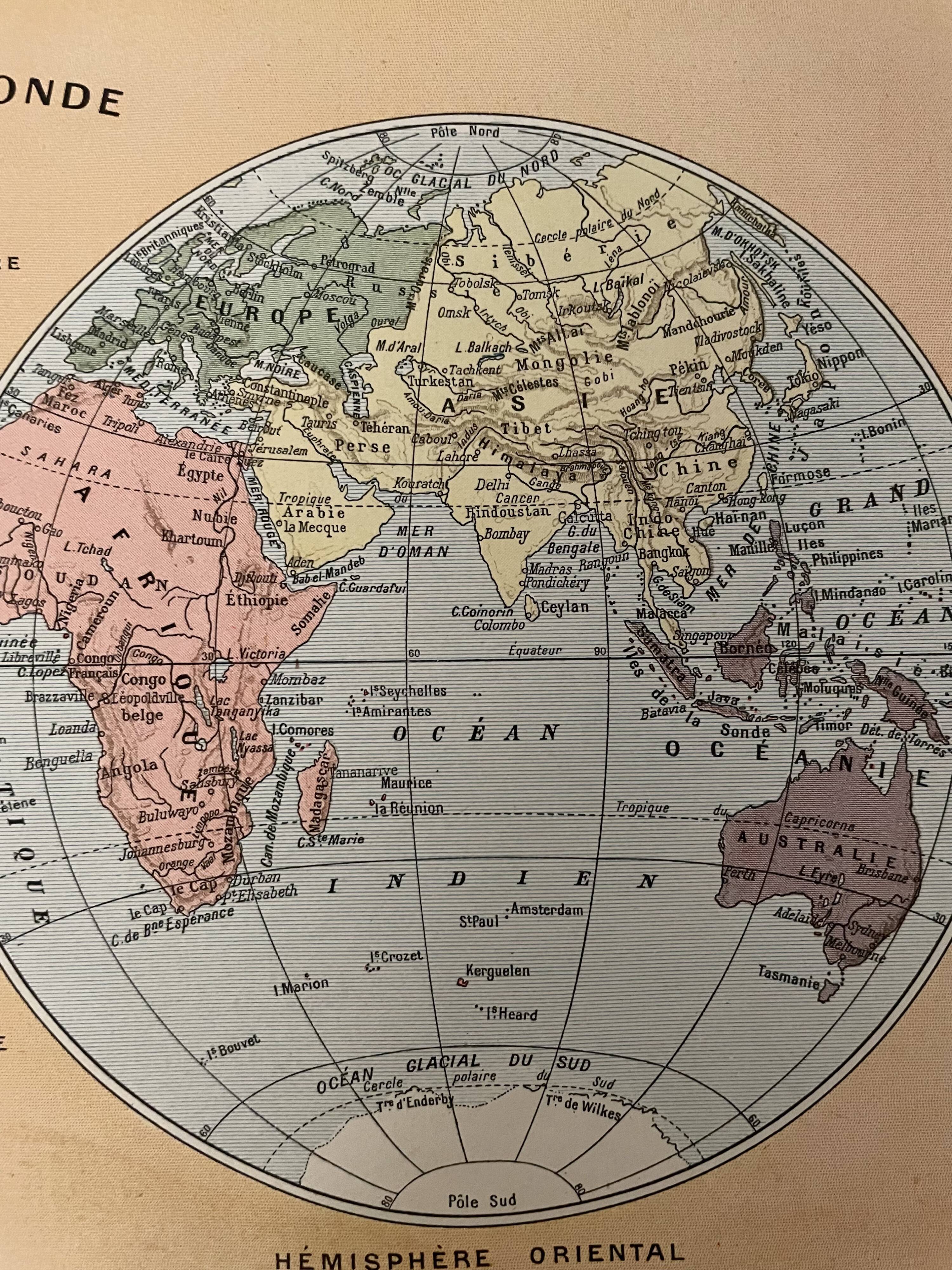 Lithograph engraving world map of 1922