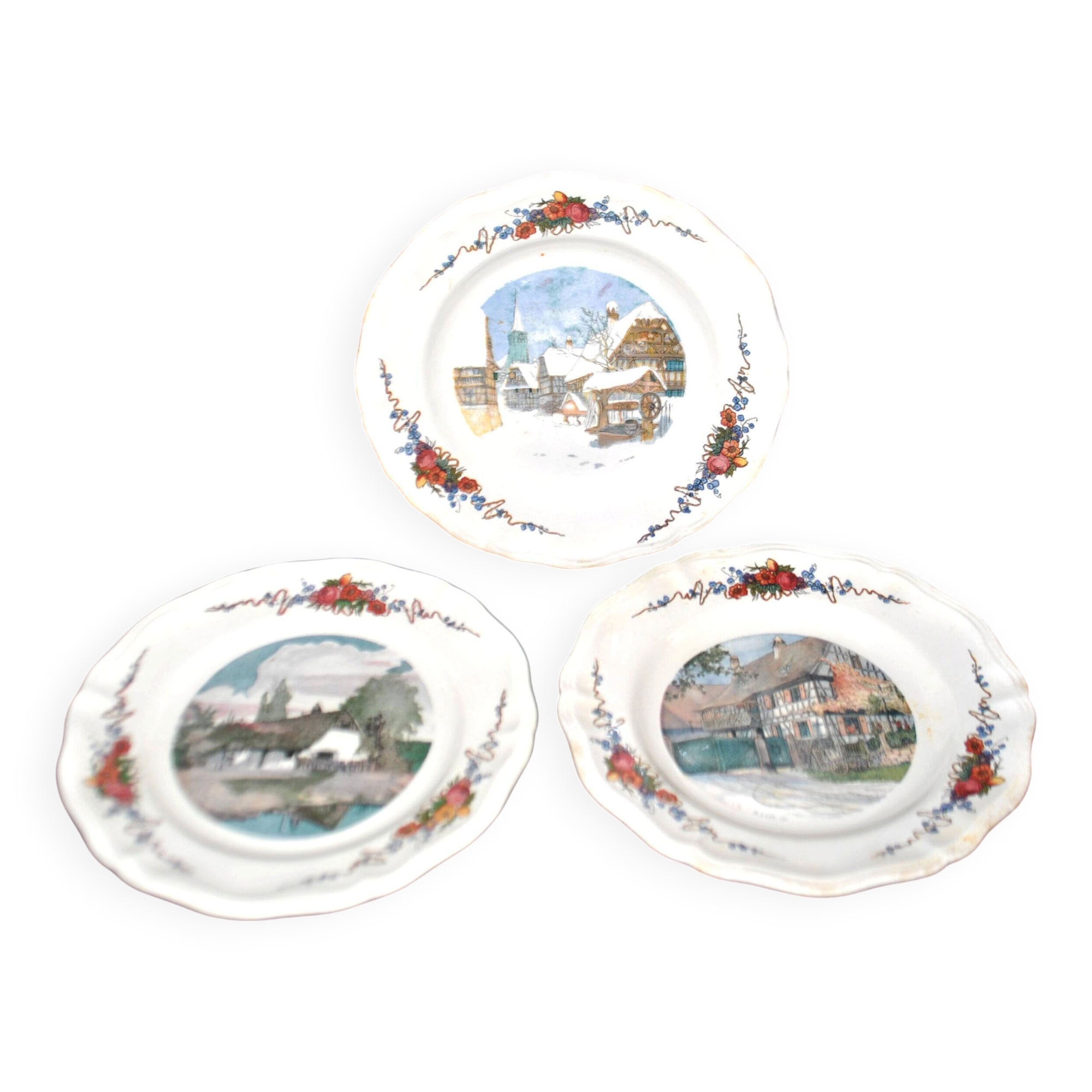 Sarreguemines set of 3 flat plates Obernai village Alsace by Loux