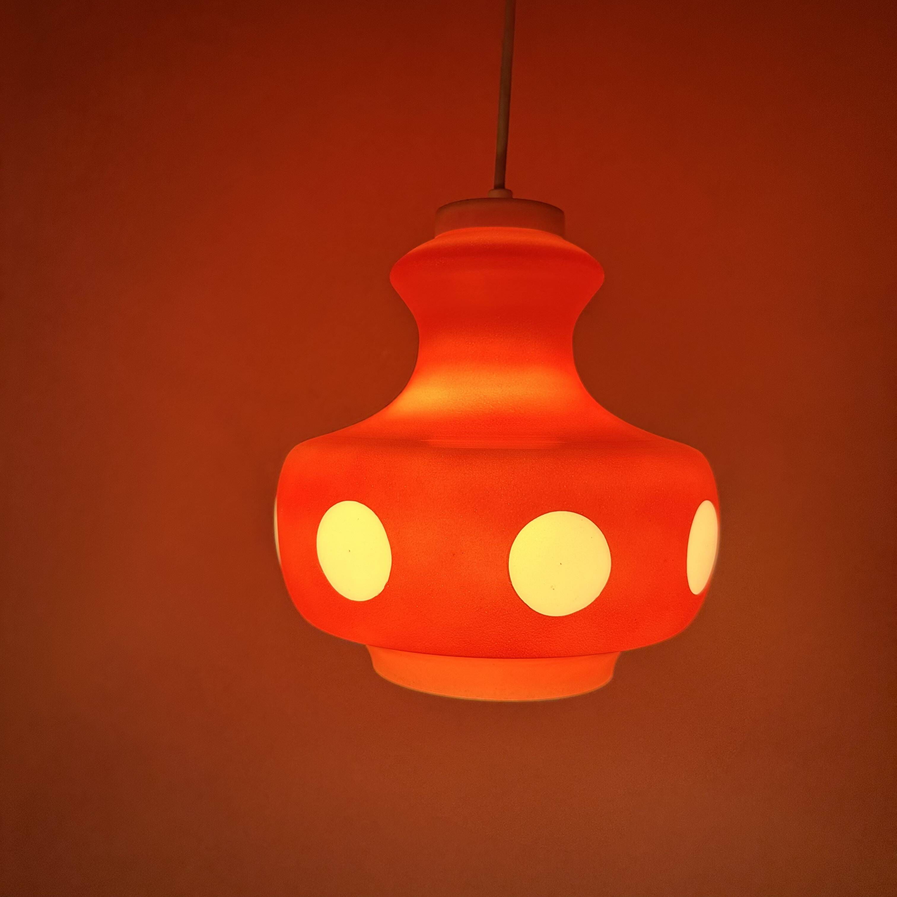 70's lamp polka dots, red glass lamp, vintage hanging lamp, children's room.