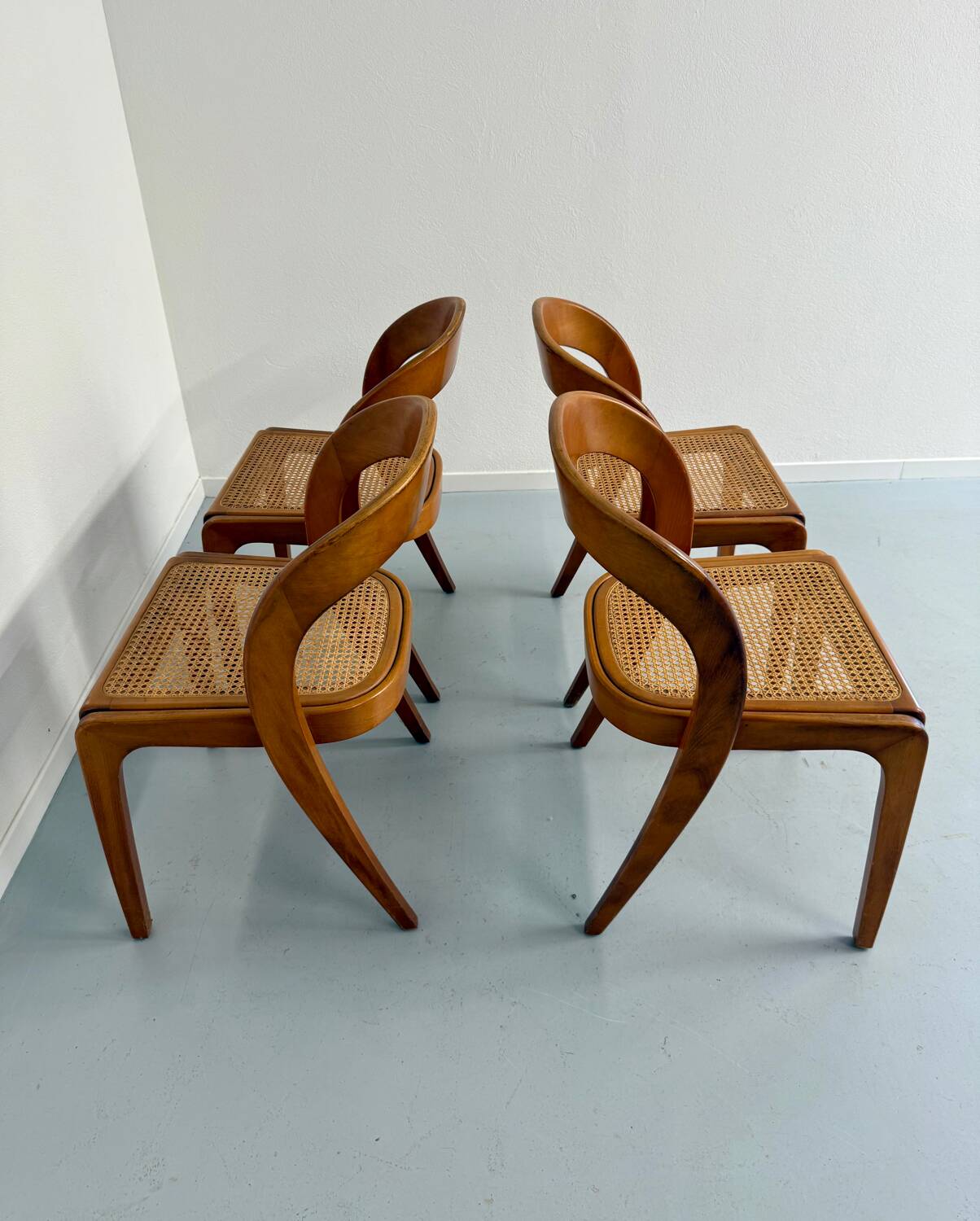 Set of 4 Baumann chairs, Gondola model, wood and cane, 70s