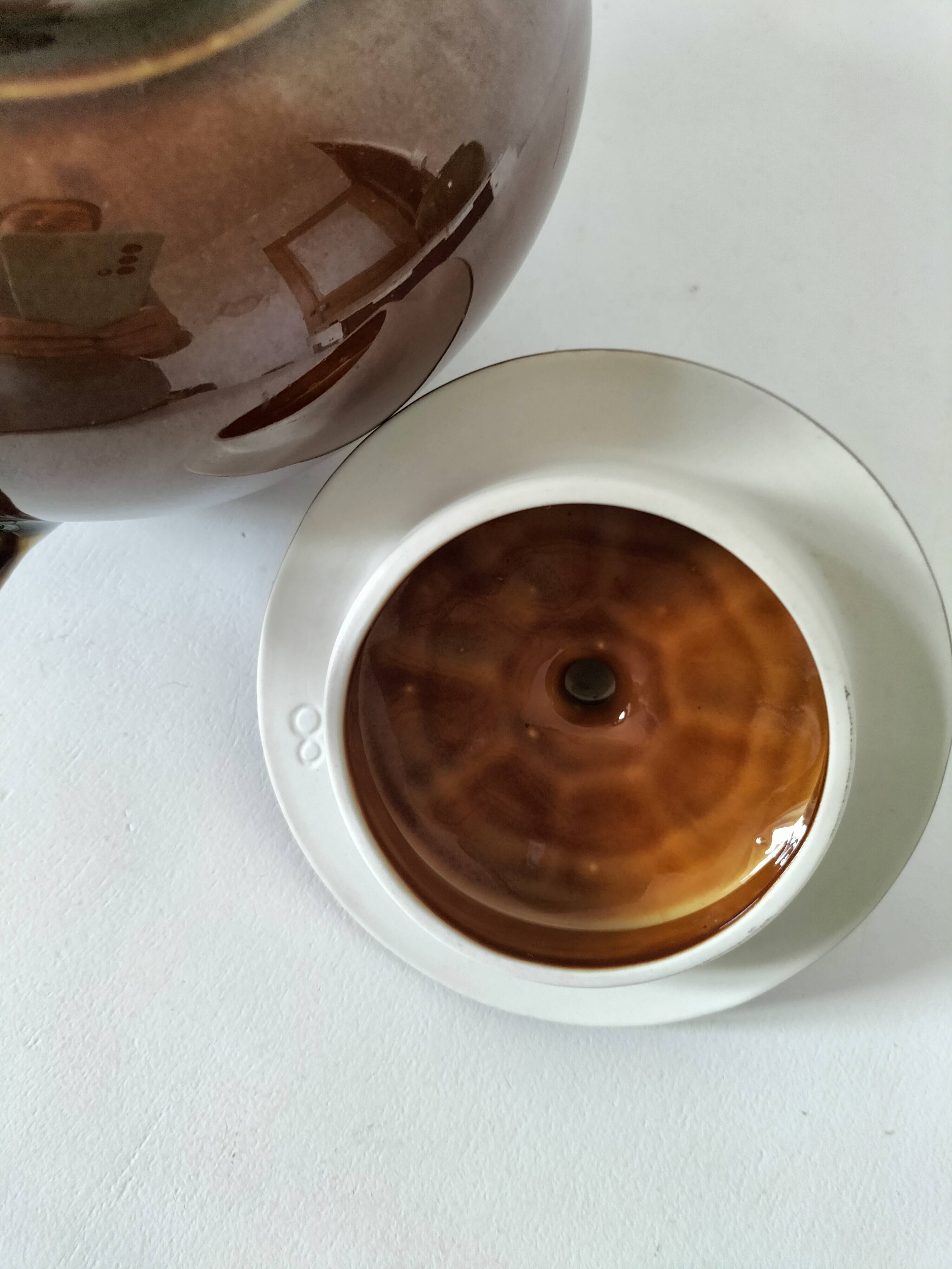 Vintage brown glazed earthenware teapot, mid-century sculptural decor.