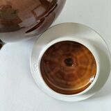 Vintage brown glazed earthenware teapot, mid-century sculptural decor.