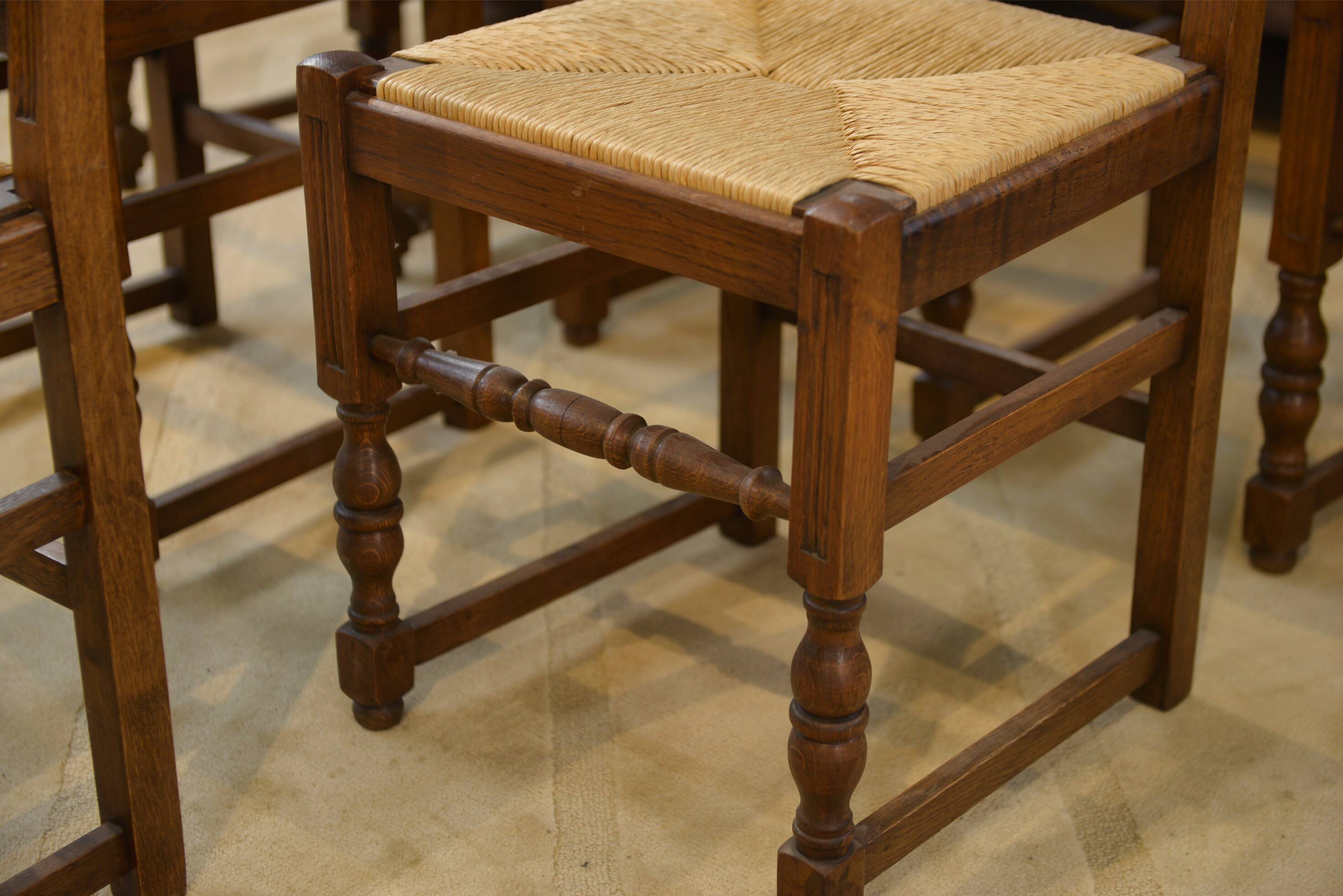 Set of 6 brutalist oak chairs from the 1950s.