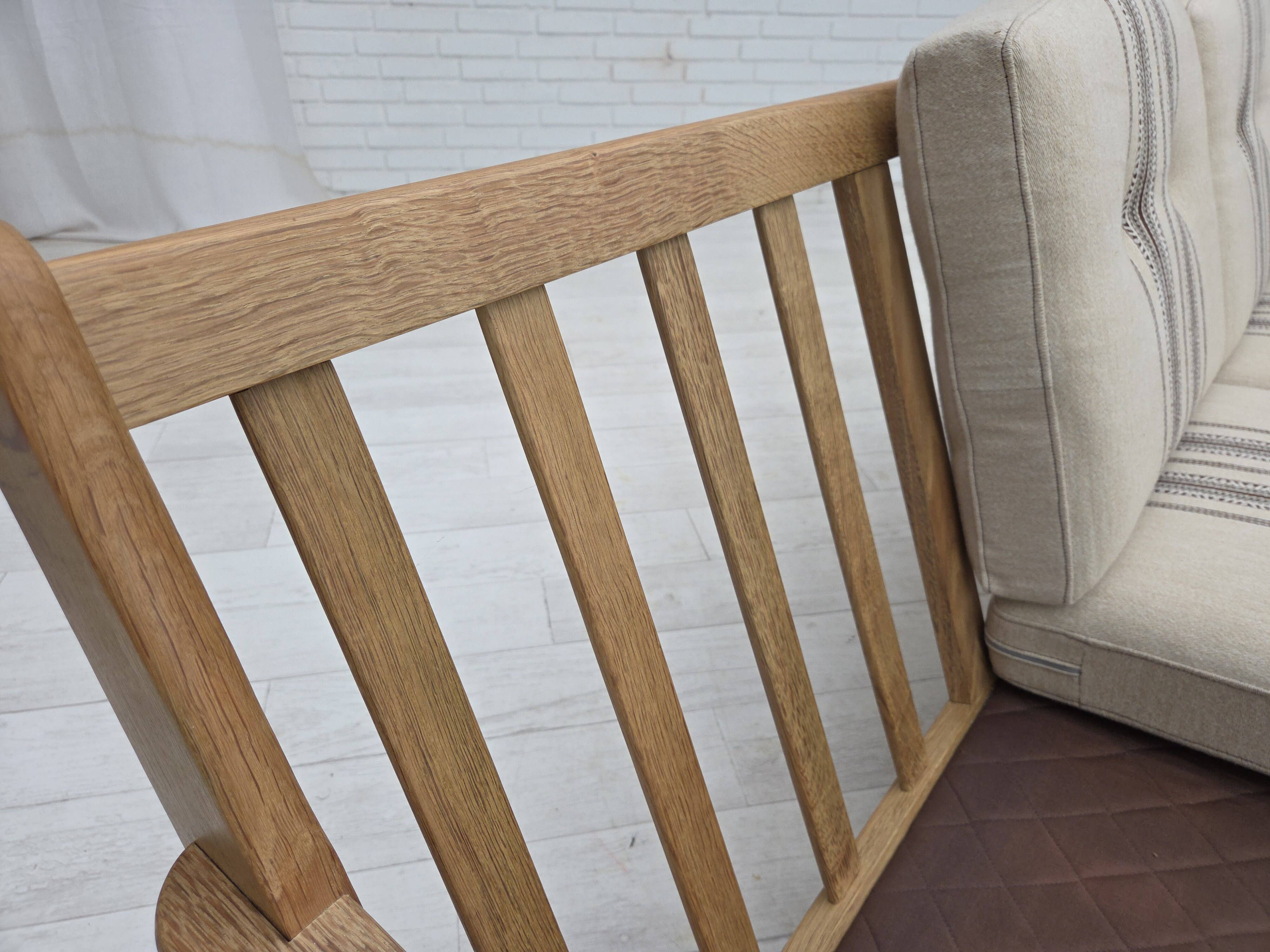 1970s, Danish 3-seater sofa, beige furniture wool, solid oak wood.