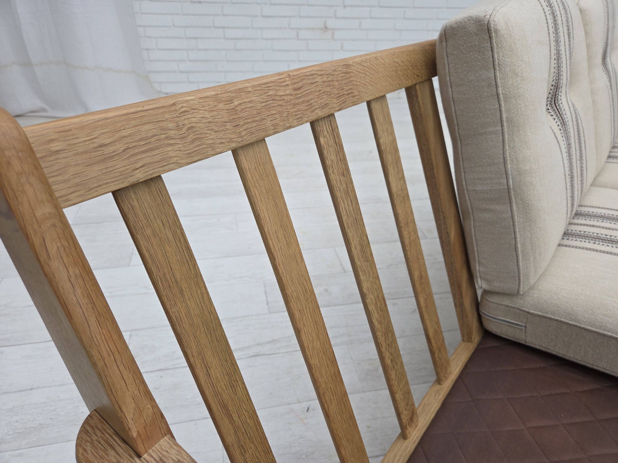 1970s, Danish 3-seater sofa, beige furniture wool, solid oak wood.
