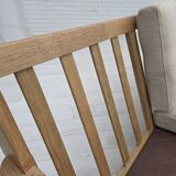 1970s, Danish 3-seater sofa, beige furniture wool, solid oak wood.