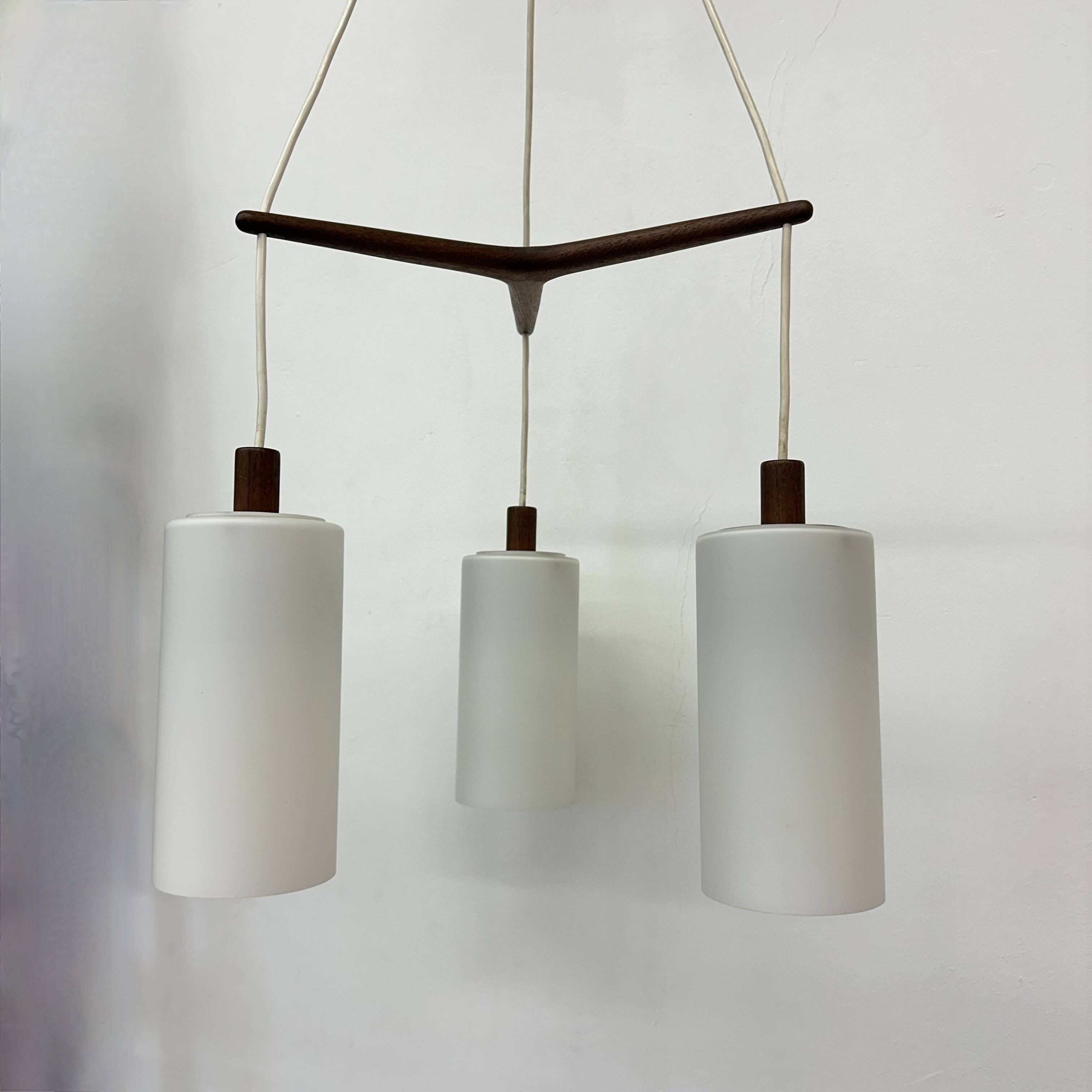 Mid-century design pendant lamp teak and opaline glass , 1970s