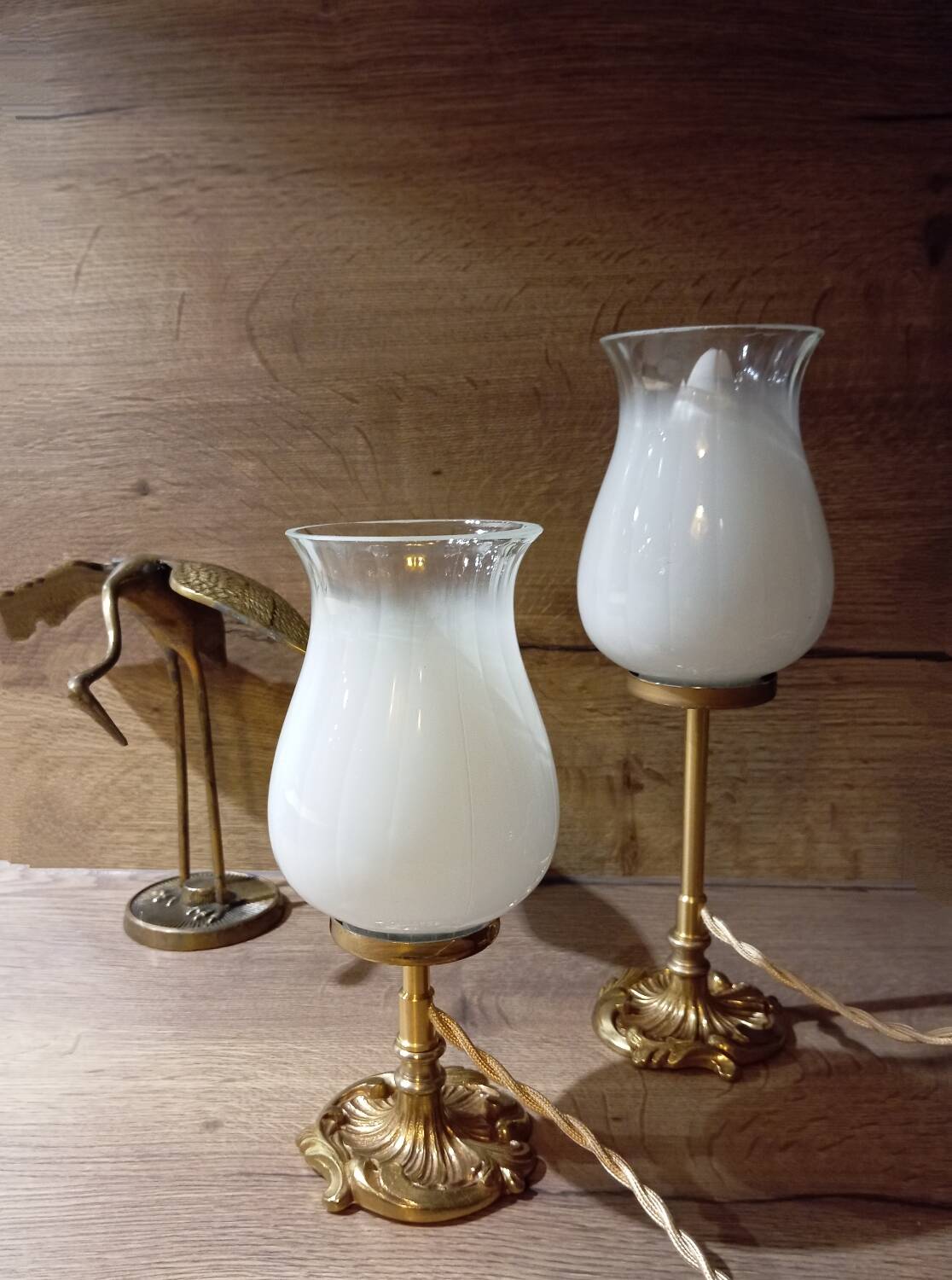 Duo art deco bedside lamps bronze and white glass tulip