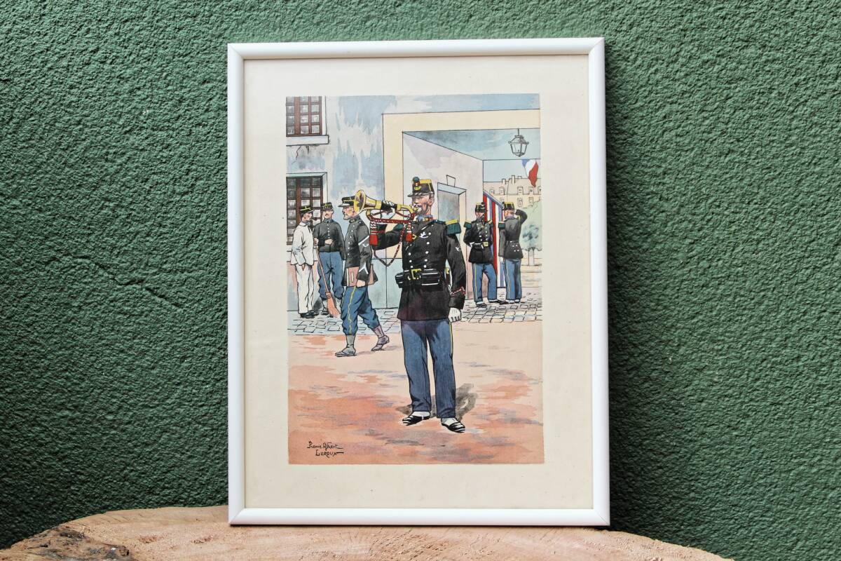 Set of 3 military drawings, watercolor and gouache by Pierre Albert Leroux