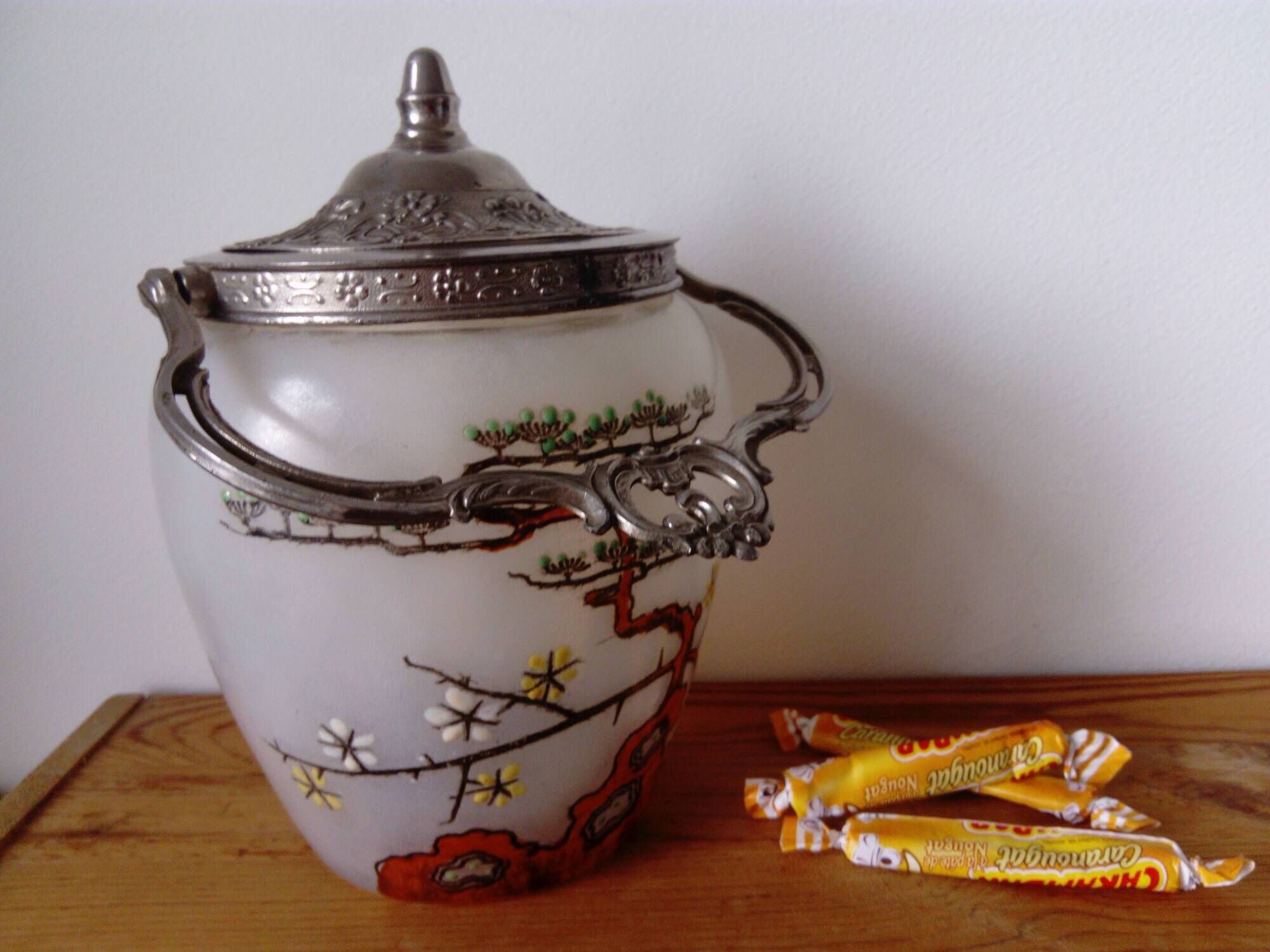 frosted glass cookie bucket with Japanese decoration. Art Nouveau