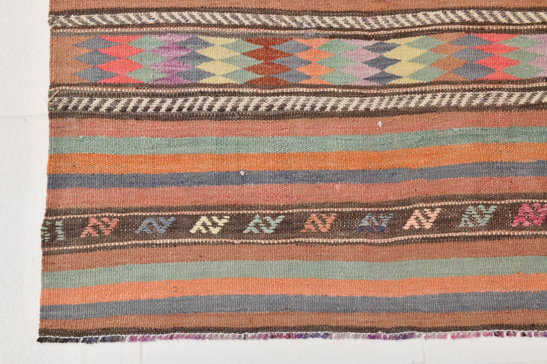 5x8 Orange Blue Striped Turkish Vintage Kilim Rug 170x245Cm